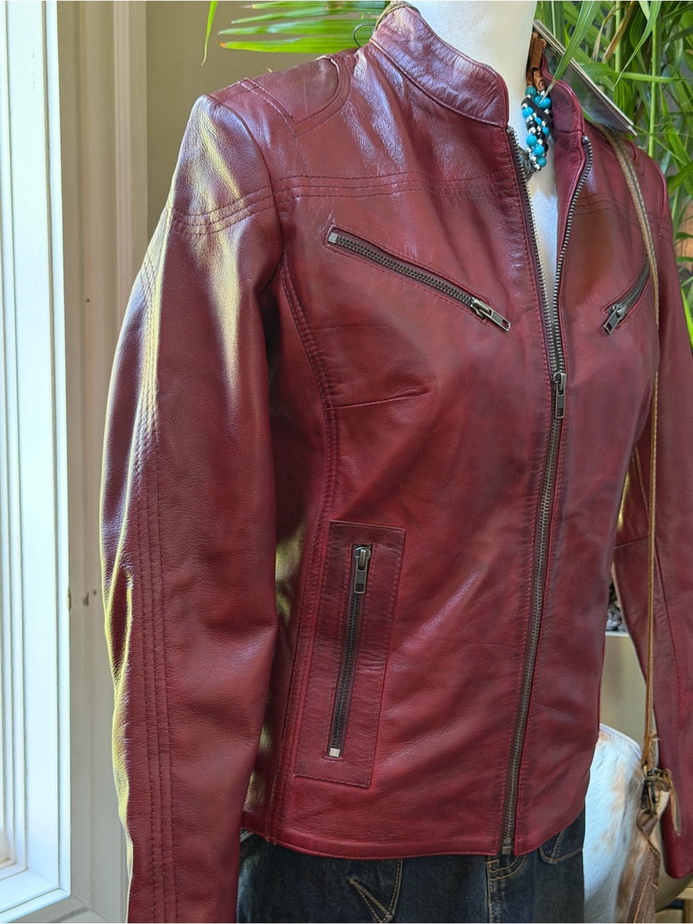 NWT 100% GENUINE LAMB NAPPA LEATHER Brick Lane Burgundy Red Moto Biker Jacket Sm - Picture 2 of 15